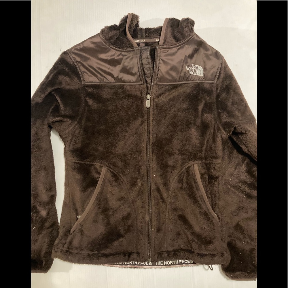 The North Face brown zip up fuzzy hooded jacket